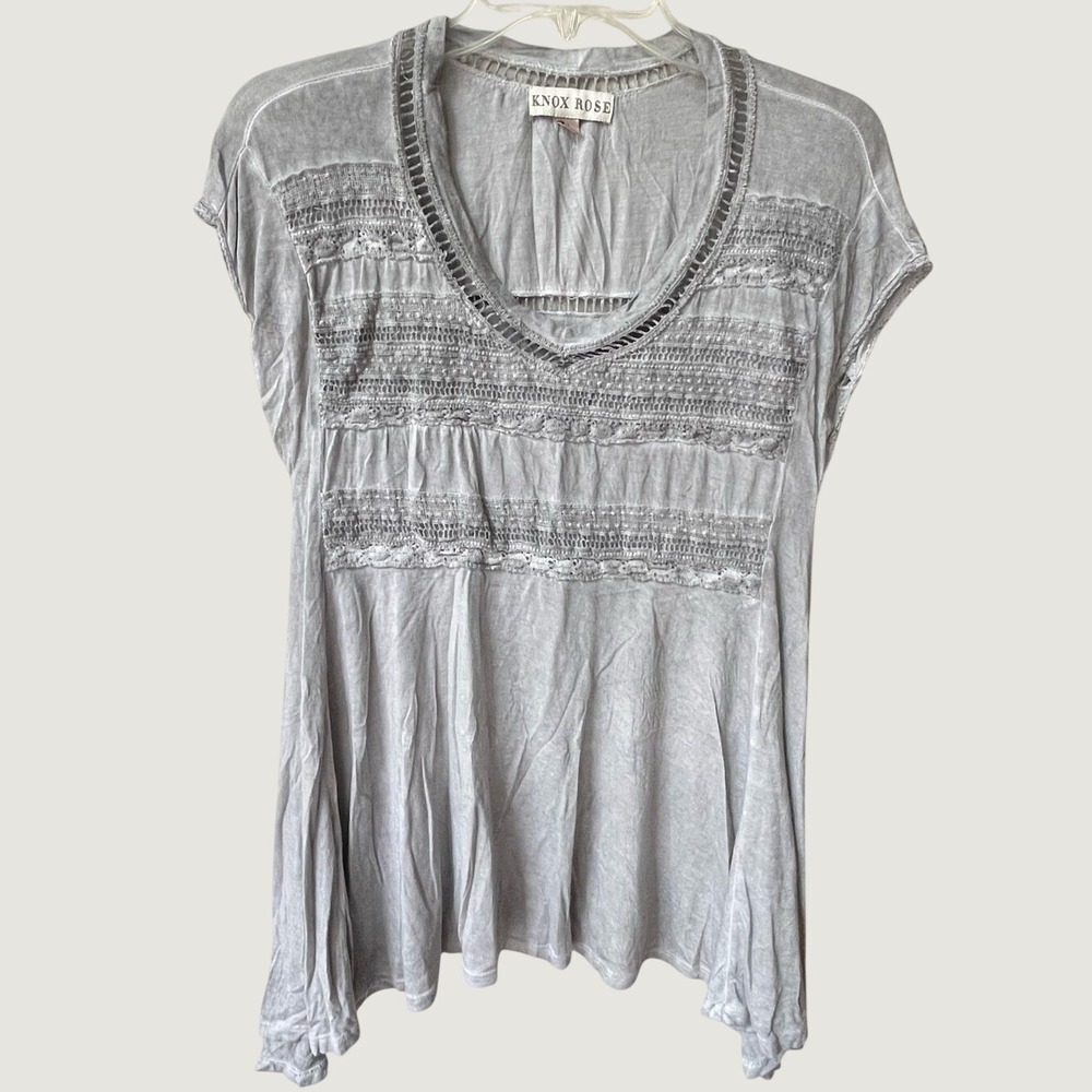 Knox Rose Gray Boho Lace Inset Eyelet Babydoll Tunic Top Short Sleeve Small